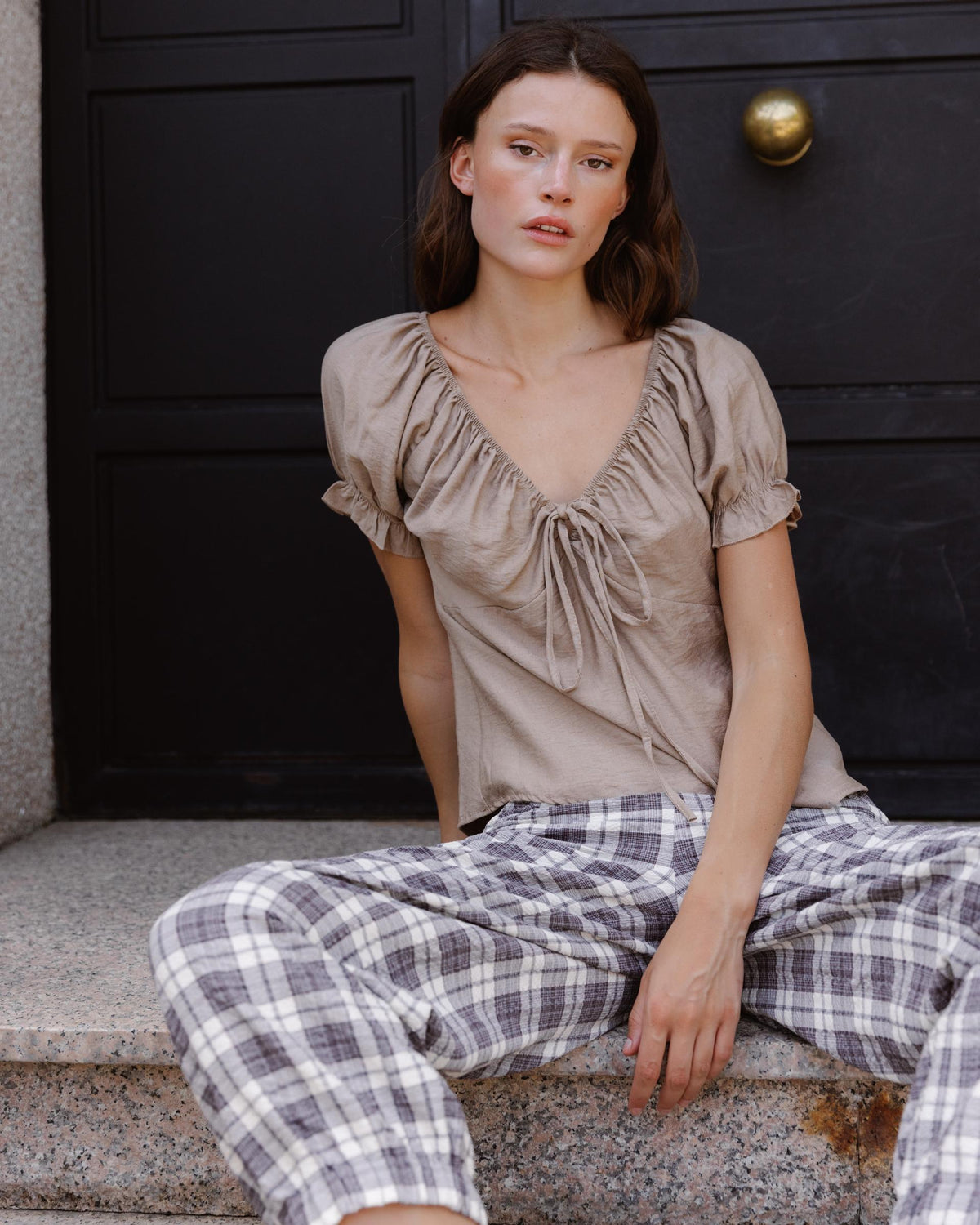 Taupe Short-Sleeve Tie-Front Blouse