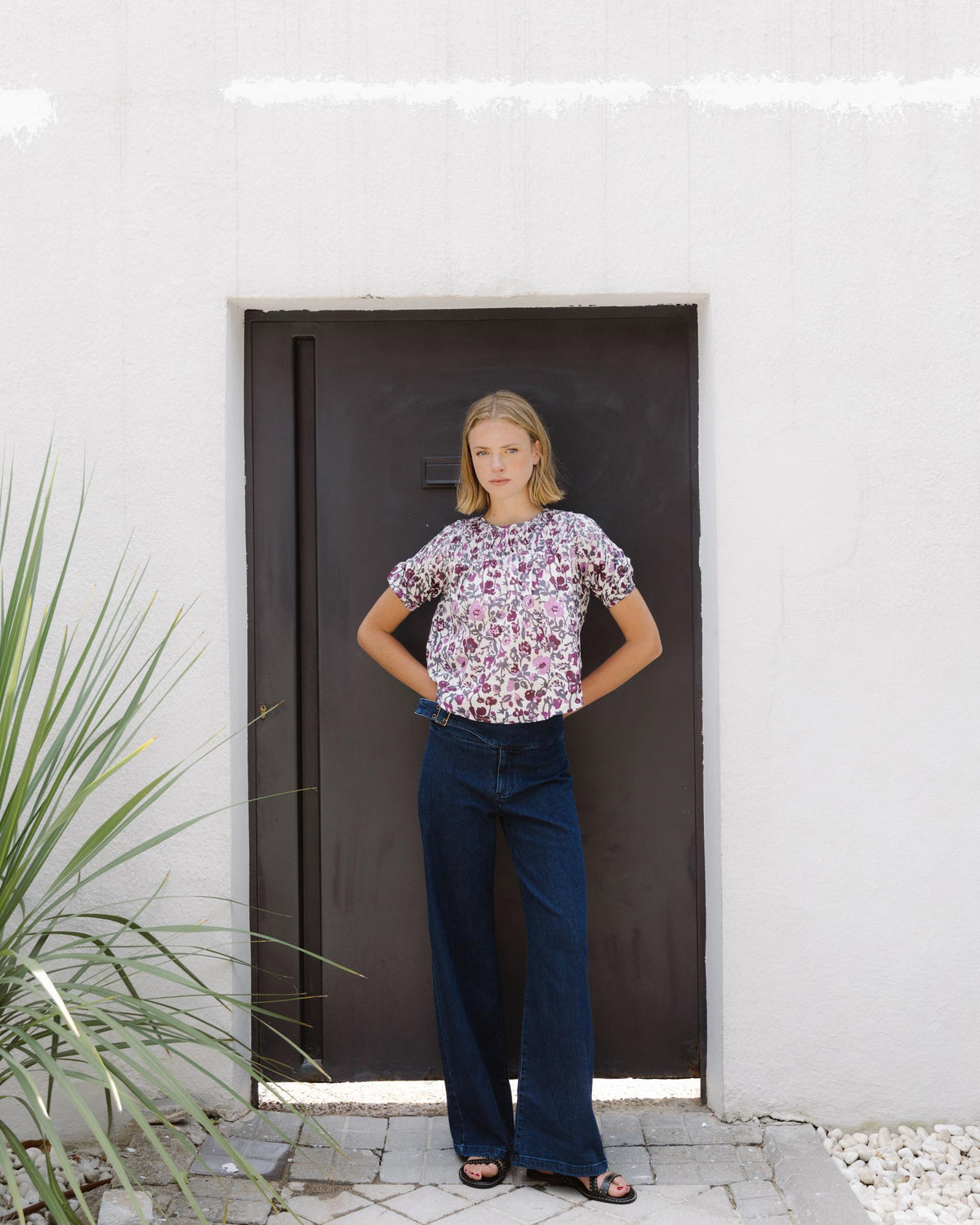Blusa Detalles Canesú Estampada Morada