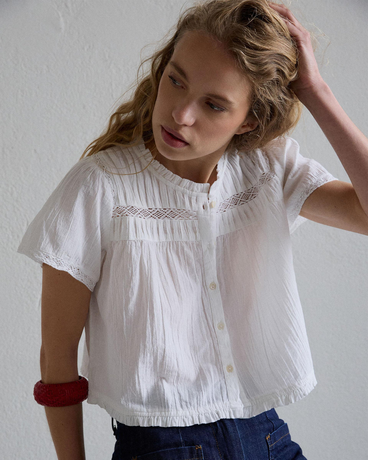 Blusa Manga Corta Puntillas Blanca