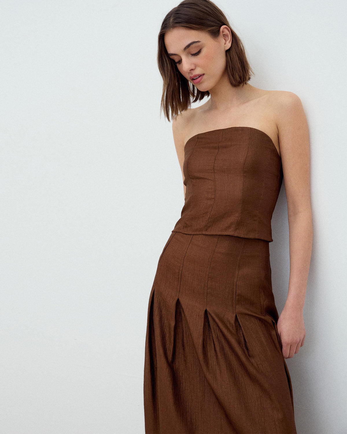 Brown Strapless Top with Seam Detail
