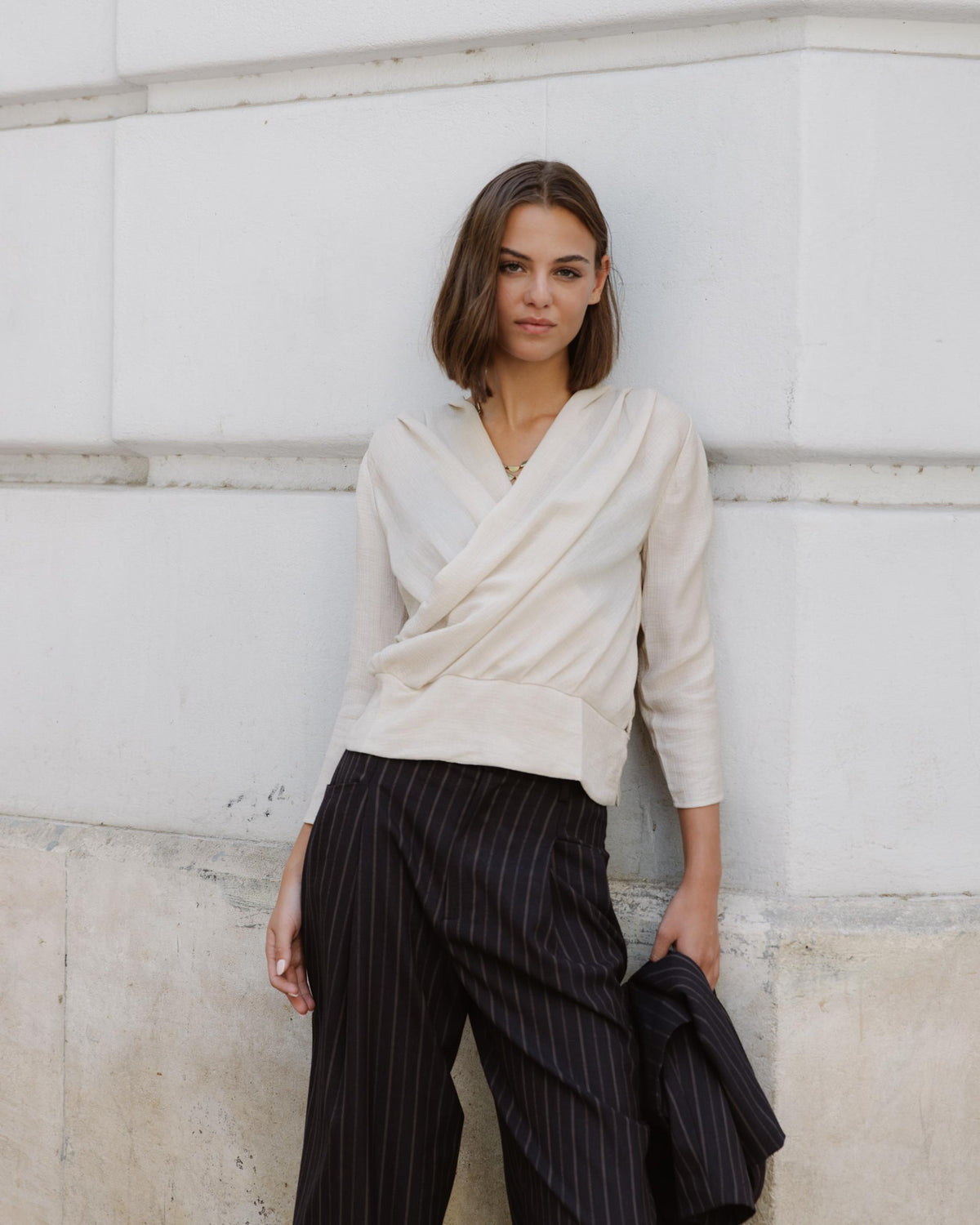 Ecru Draped Blouse with Side Buttons