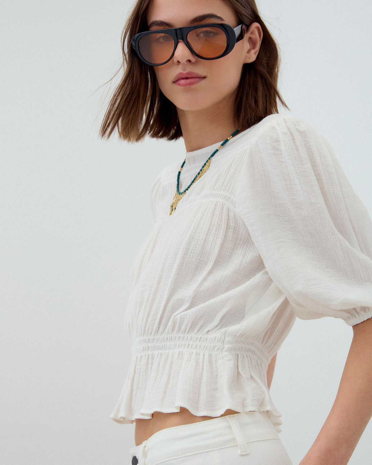 Blusa Gomas Manga Francesa Blanca