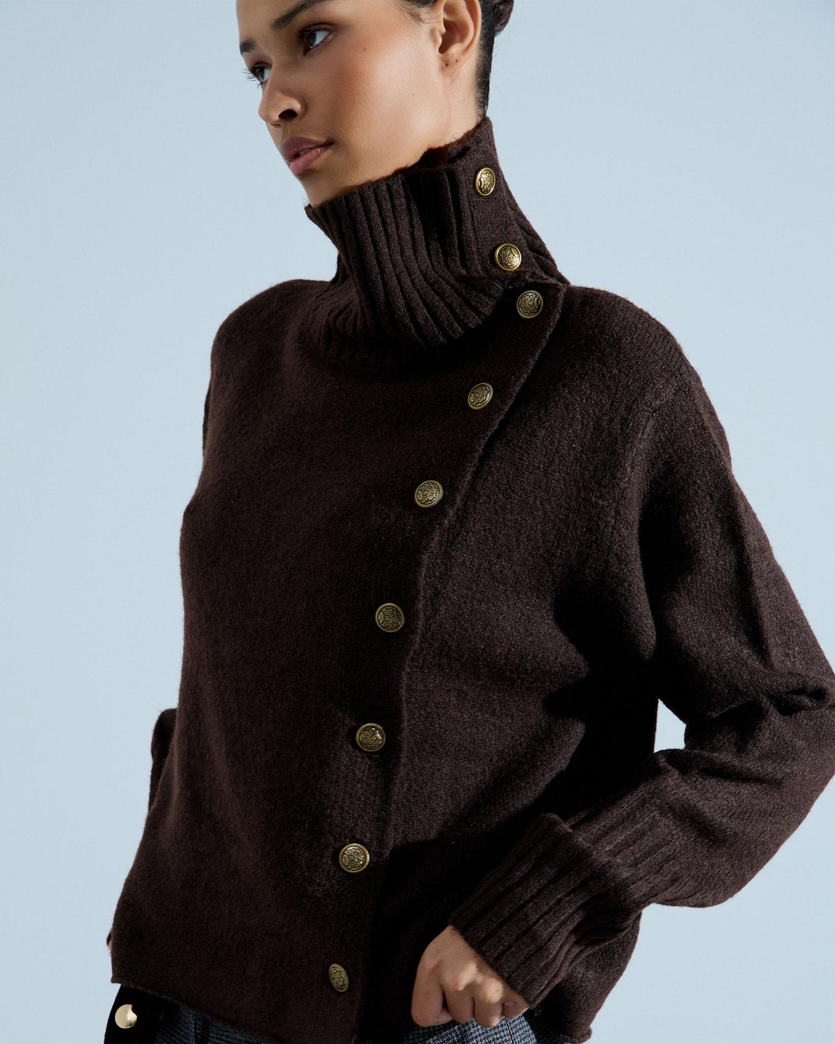 High Neck Side Button Jumper Brown