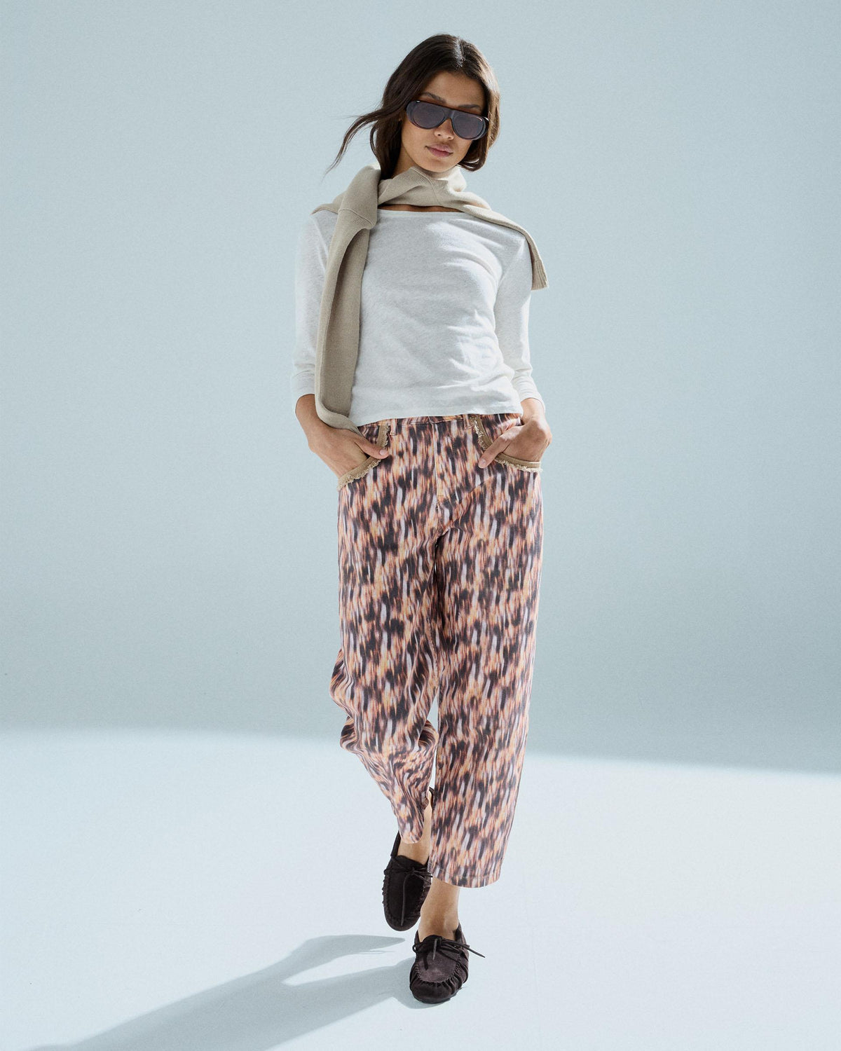 Printed Frayed Pocket Jeans Multicoloured