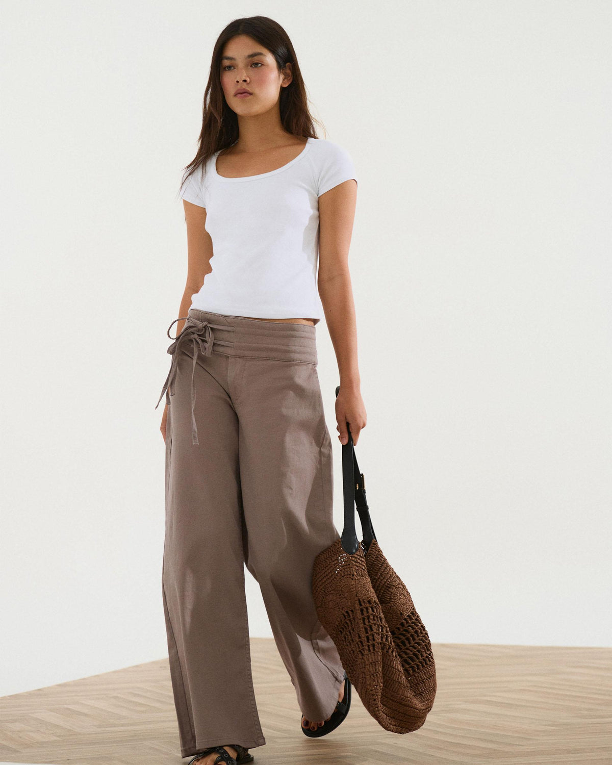 Taupe Triple Waistband Tie-Side Jeans