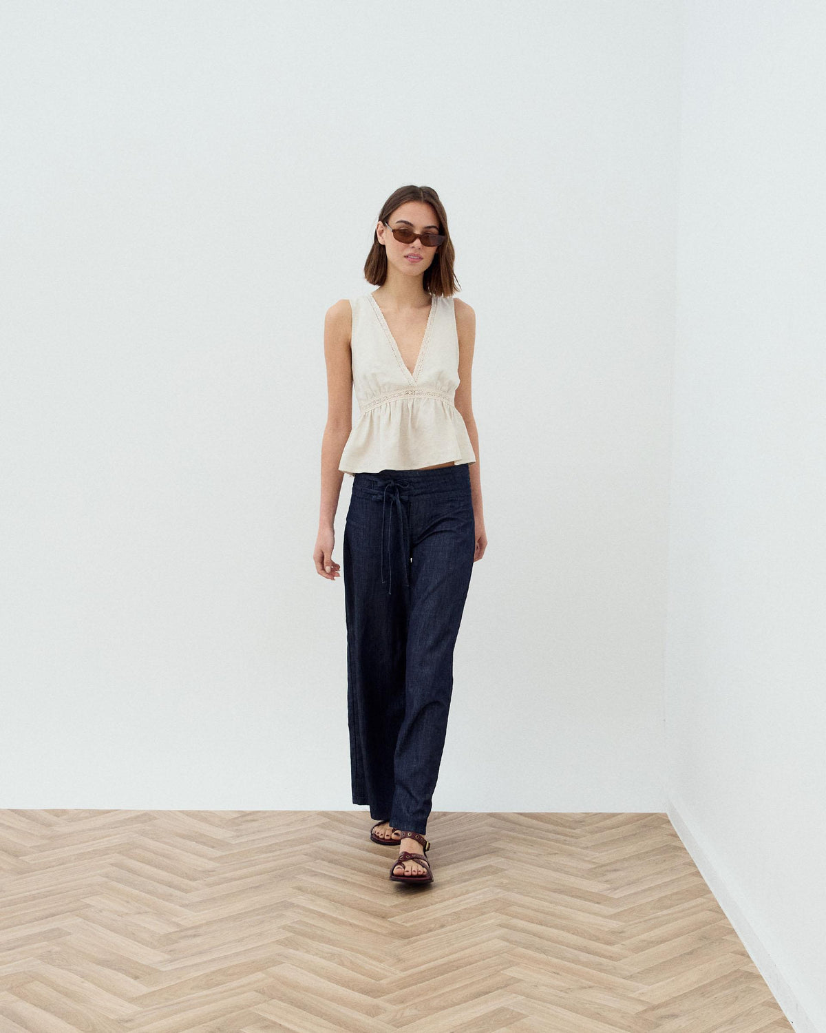 Dark Blue Triple Waistband Tie-Side Jeans