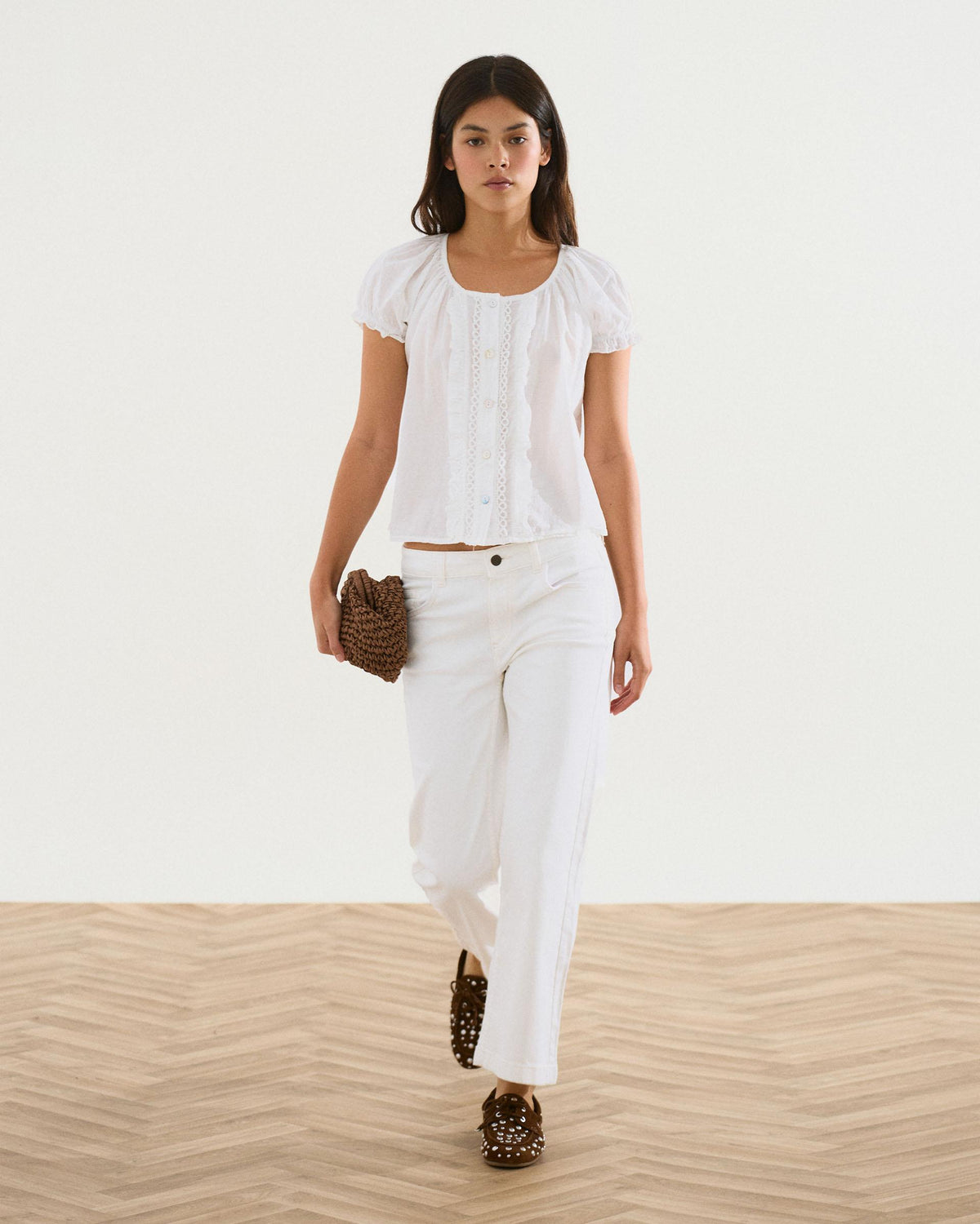 White Buttoned Blouse with Wavy Ruffles