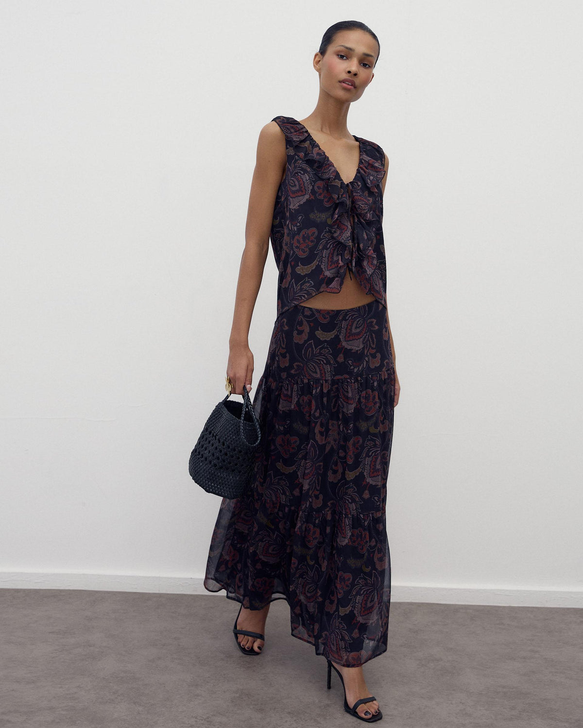 Black Printed Sleeveless Top with Ruffle and Ties