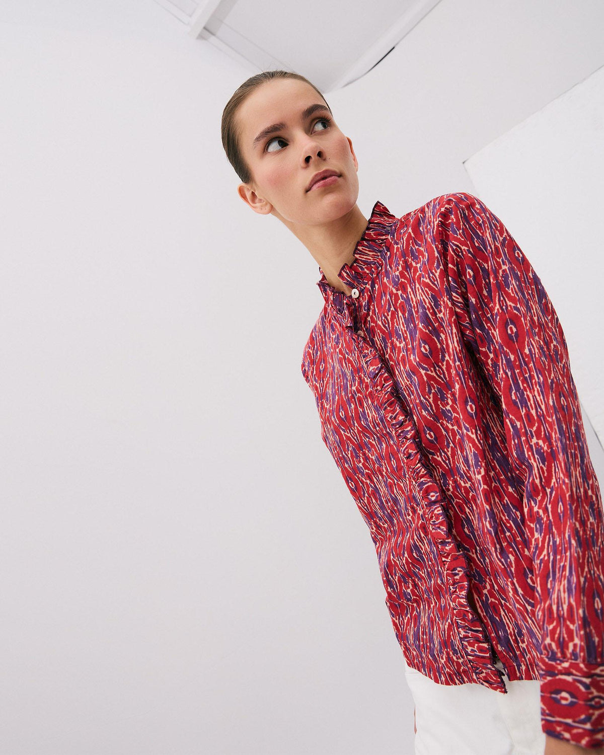 Red Ethnic Print Ruffle Blouse