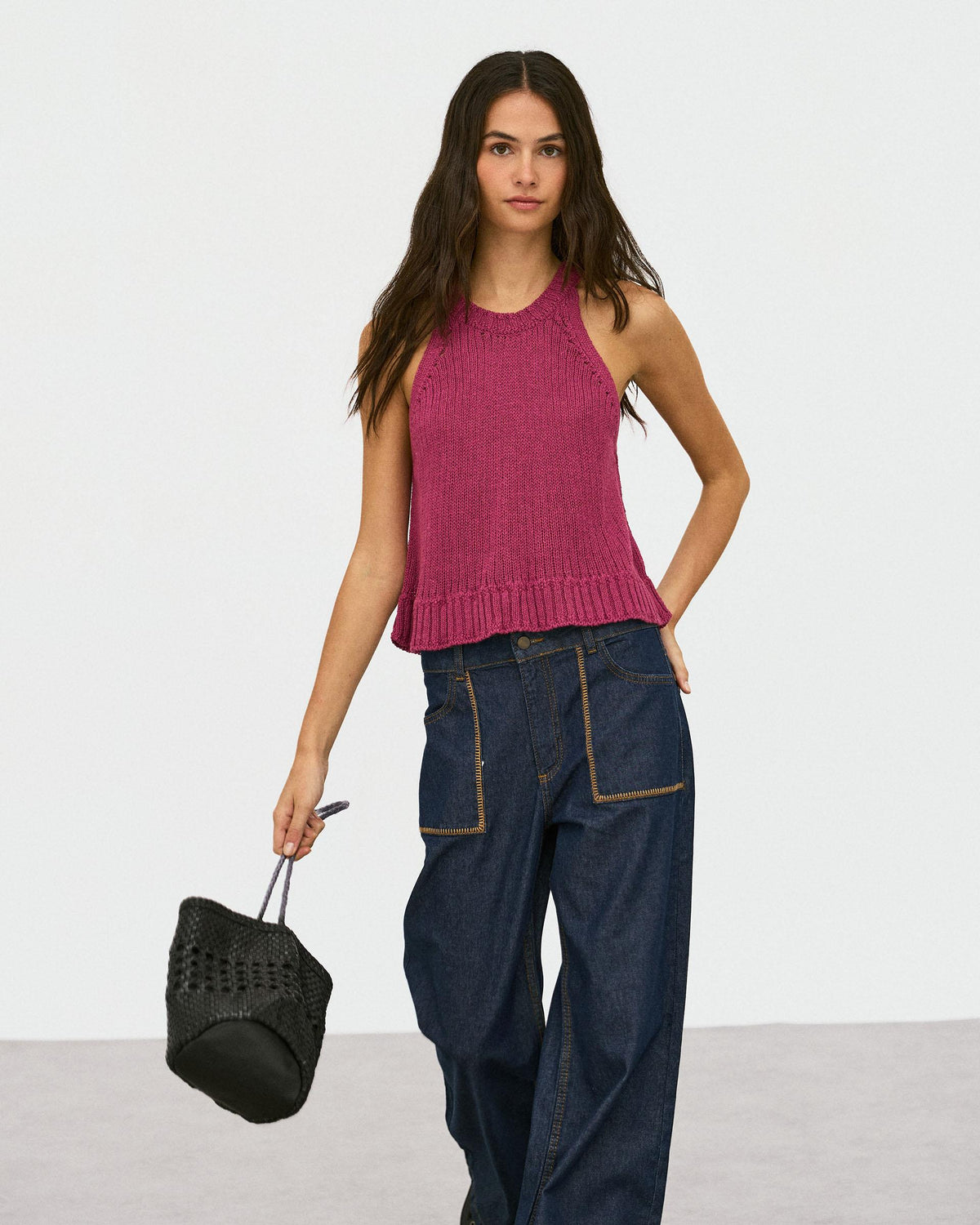 Pink Ribbed Sleeveless Round-Neck Top