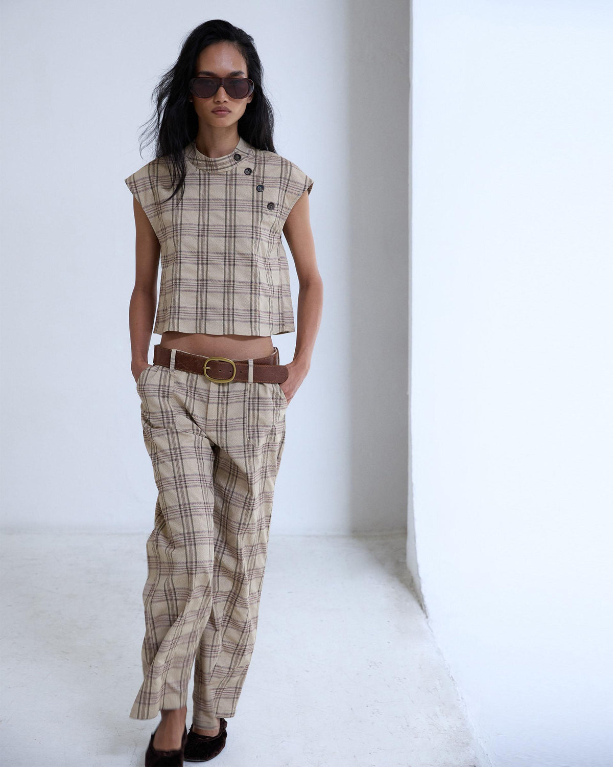 Pantalón Sin Cinturilla Cuadros Beige