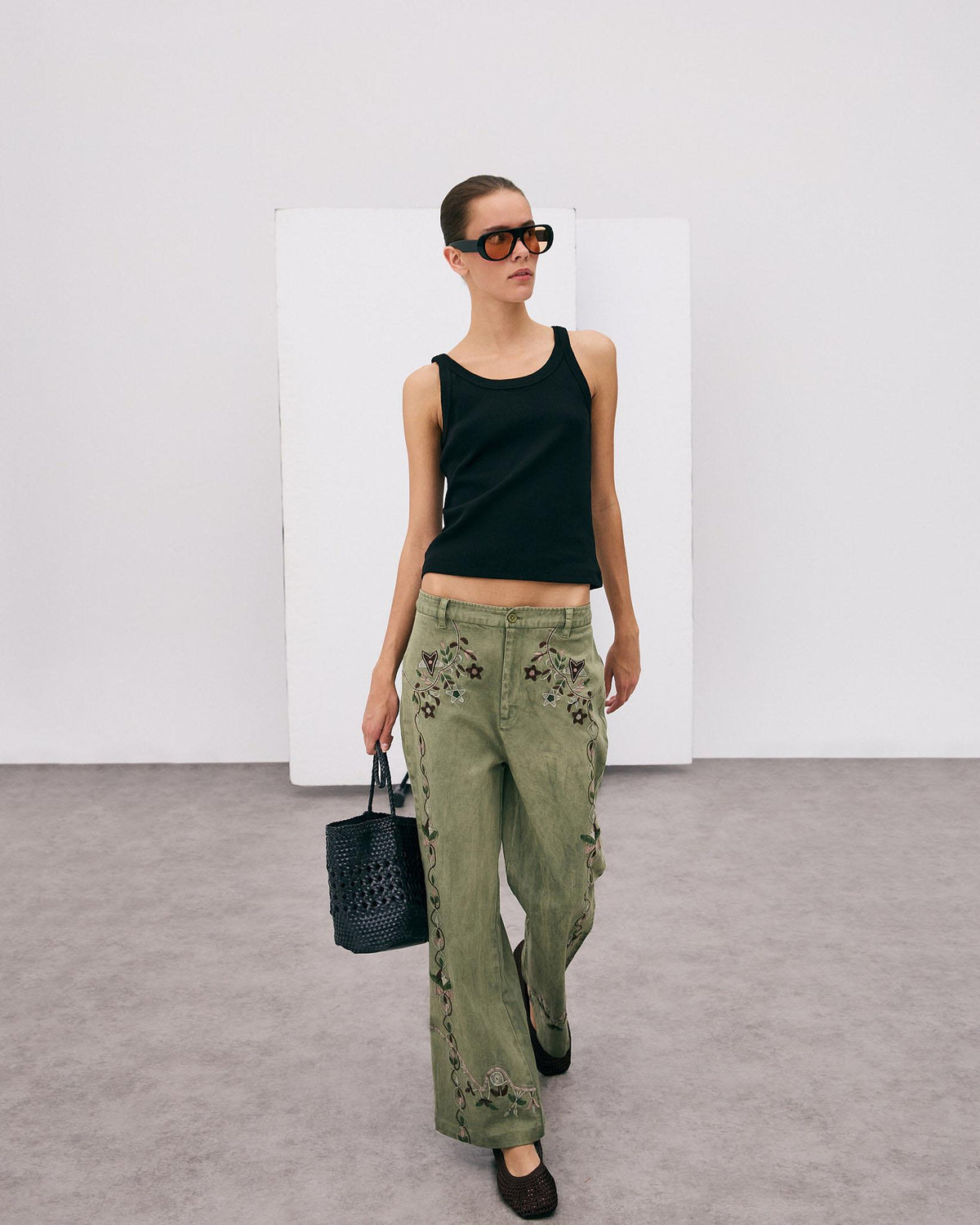 Green Floral Embroidered Trousers
