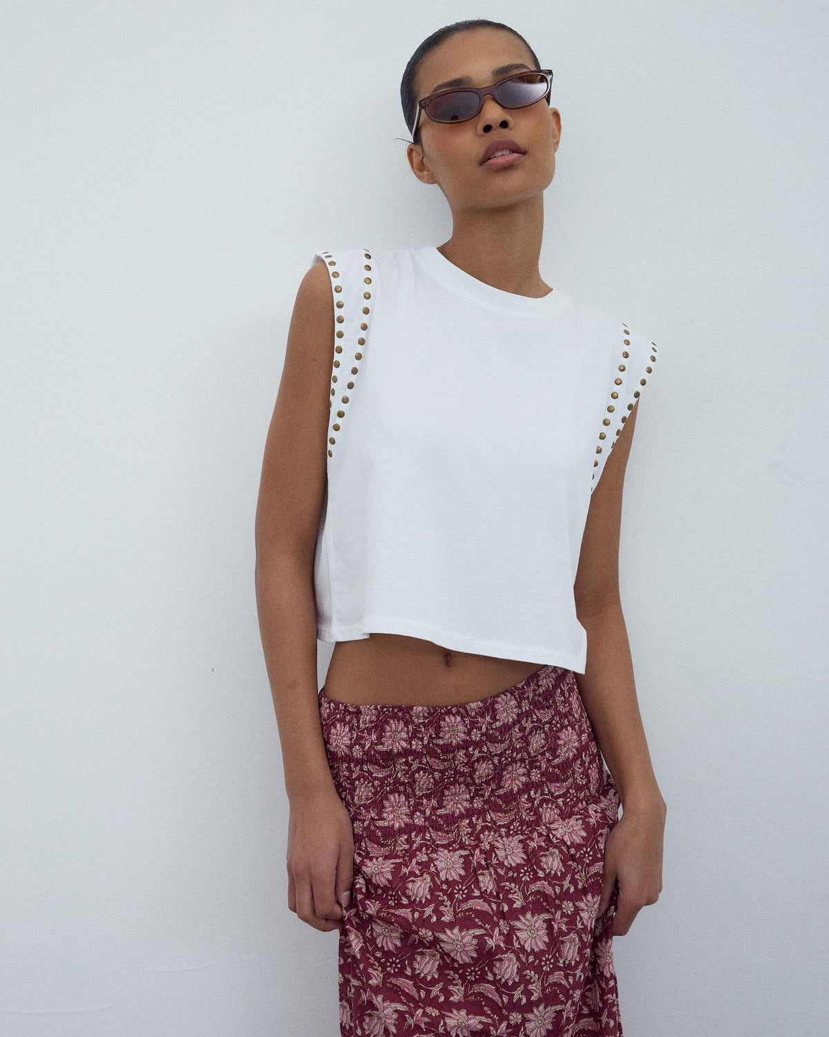 White T-Shirt with Studded Sleeves