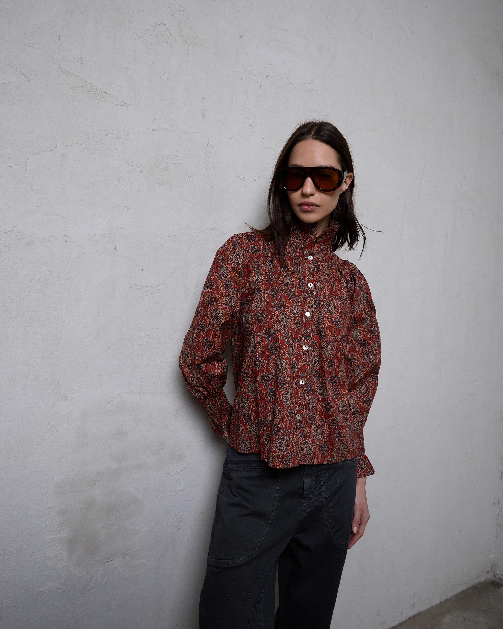 Honeycomb Blouse with Printed Collar in Burgundy – renatta&go