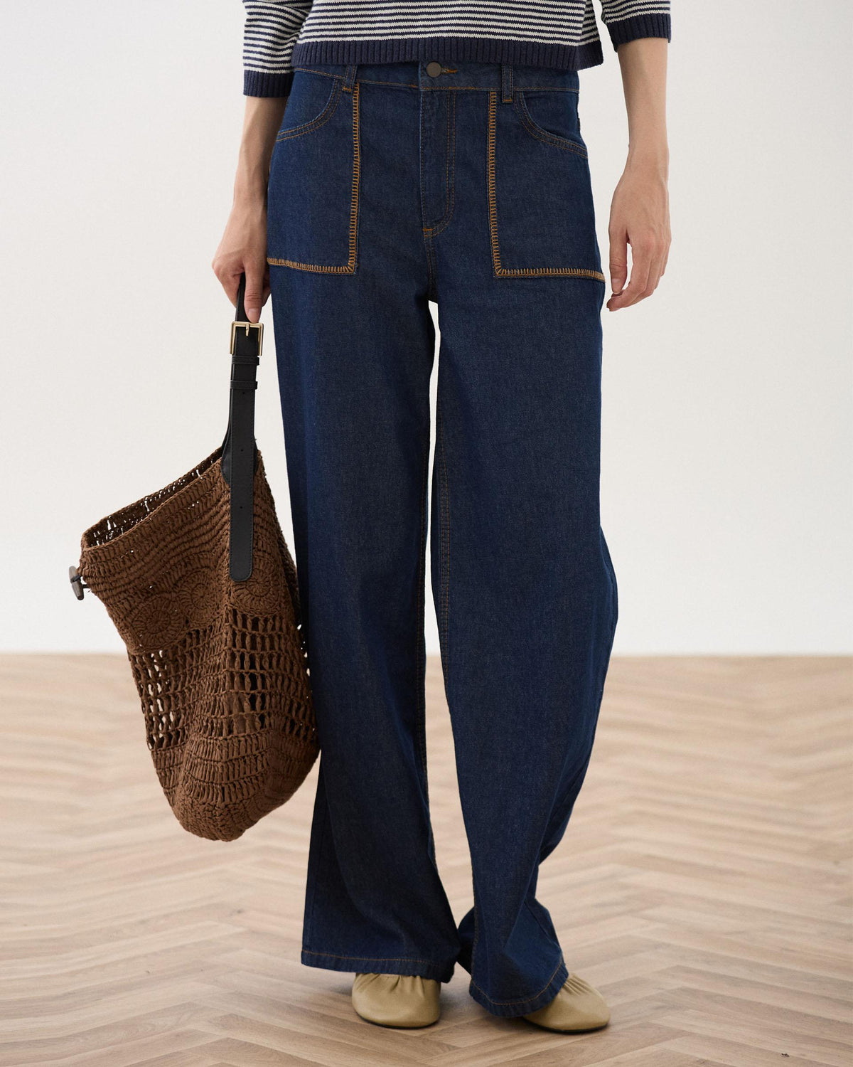 Dark Blue Jeans with Contrast-Stitch Pockets