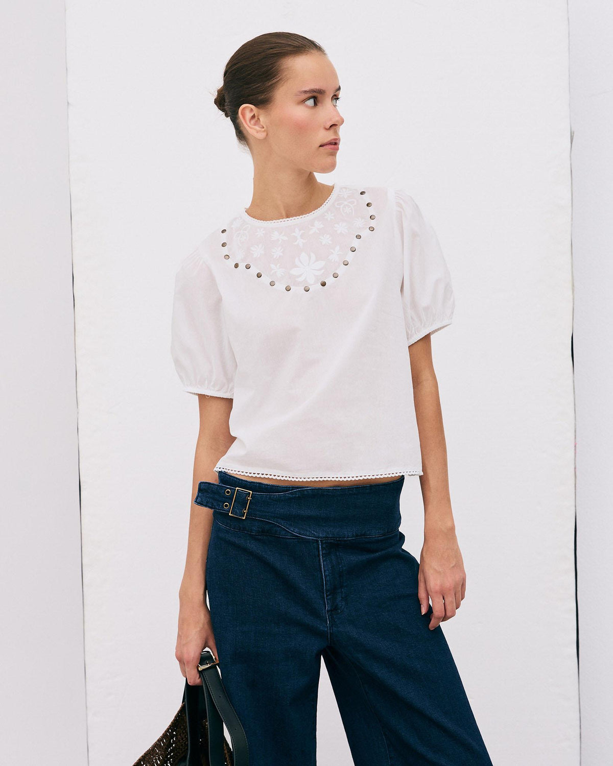 White Embroidered Studded Blouse