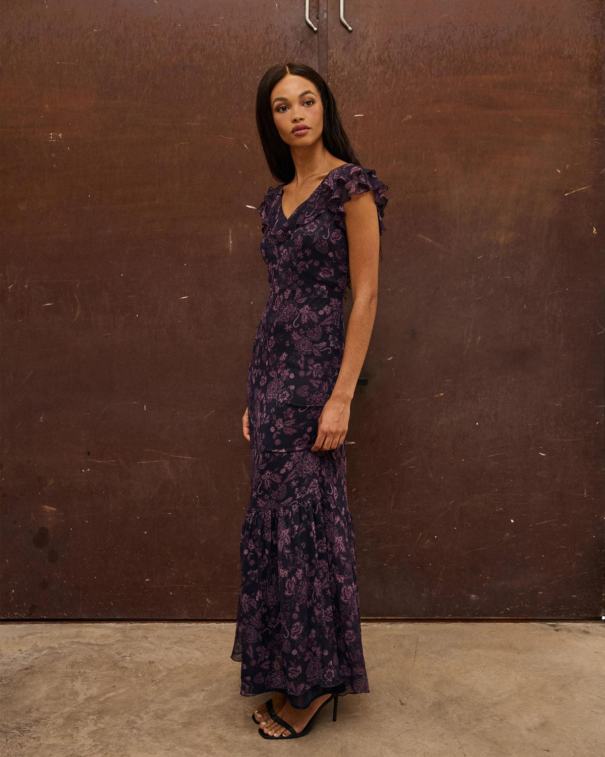 Purple Floral Print Ruffled Dress