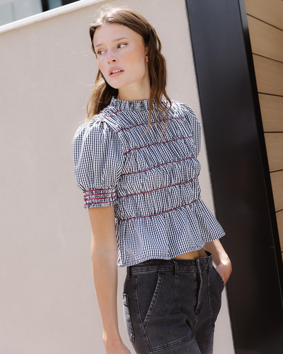 Black Gingham Shirred Blouse