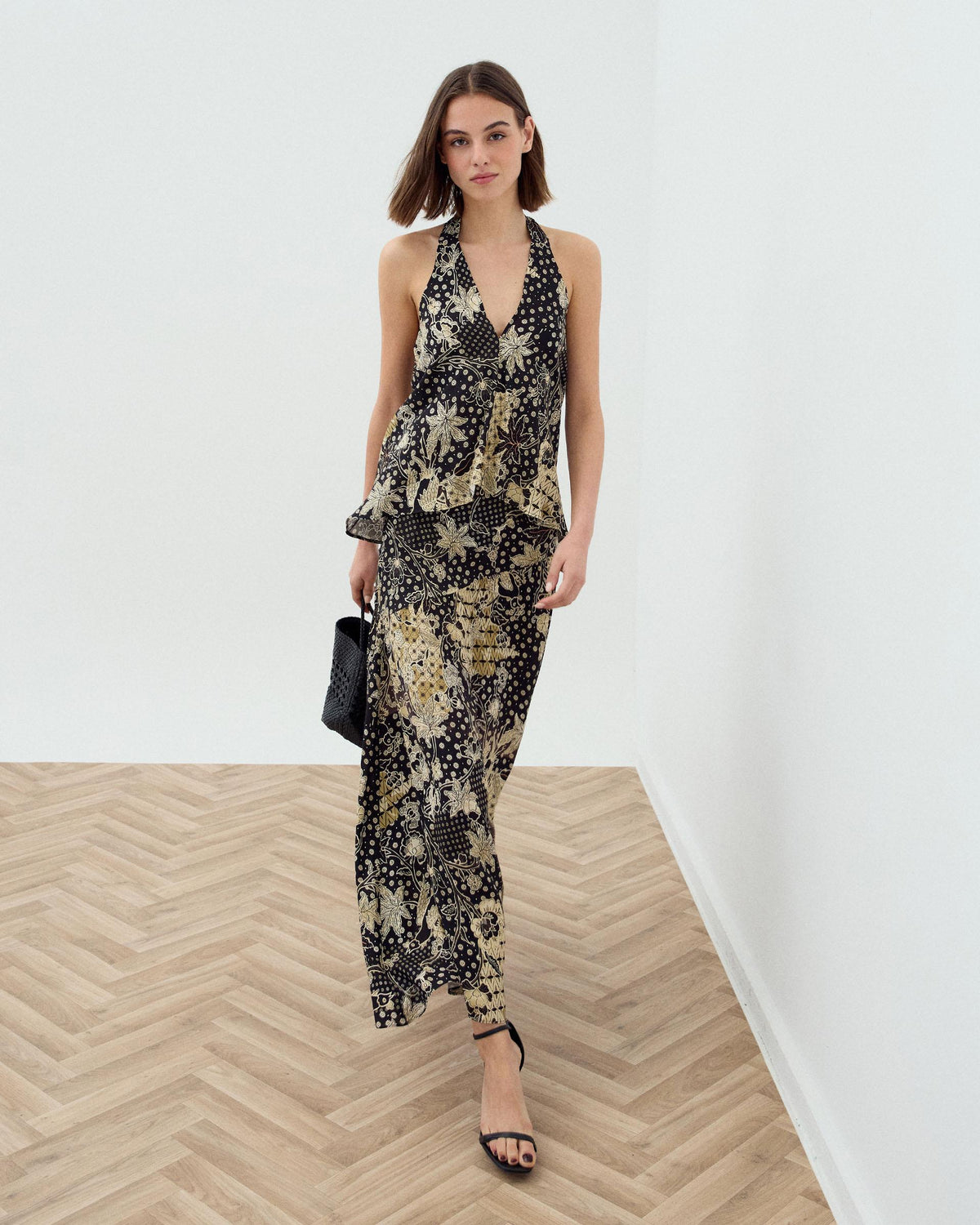 Black Floral Print Skirt with Diagonal Seam