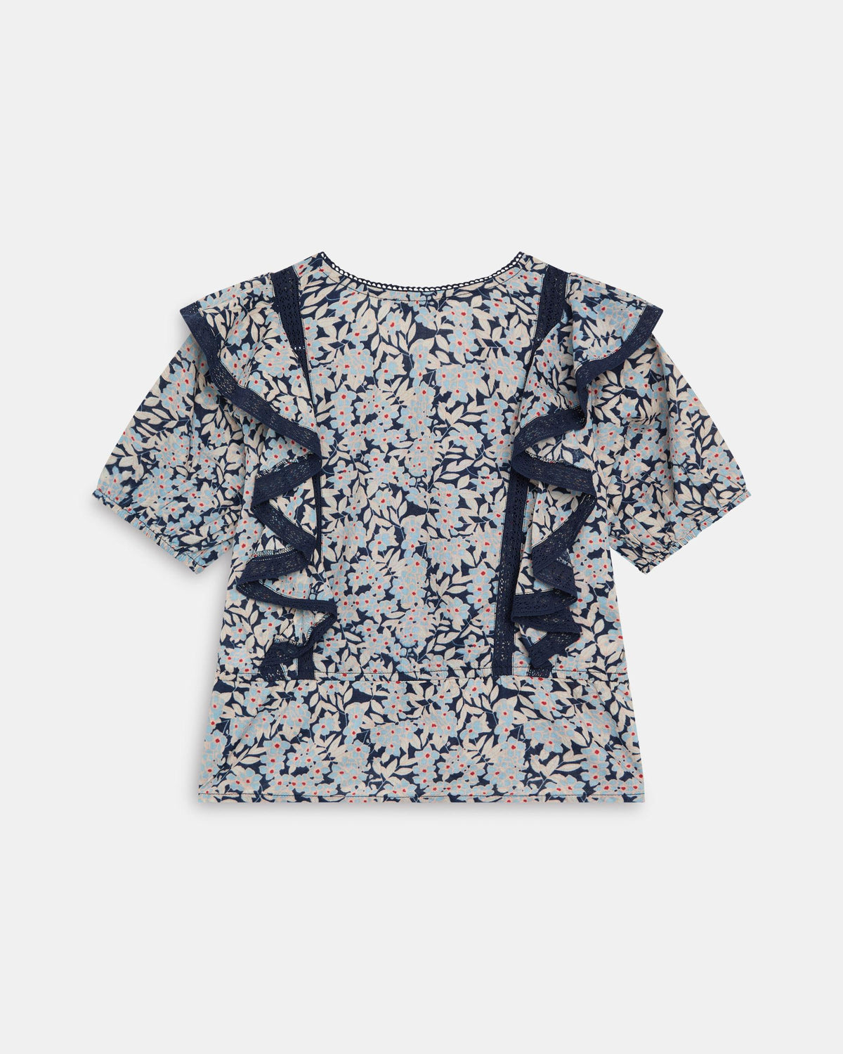 Blusa Manga Corta Botones Volantes Estampada Azul
