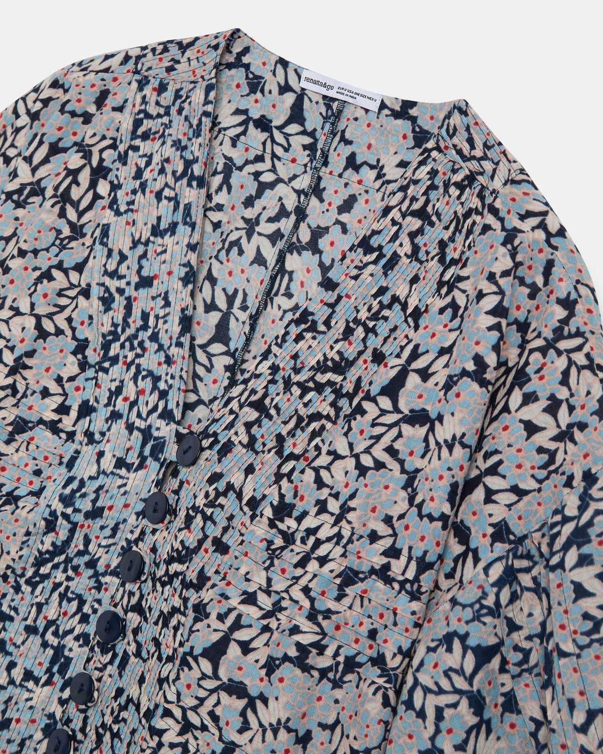 Blue Floral Print Pleated Blouse