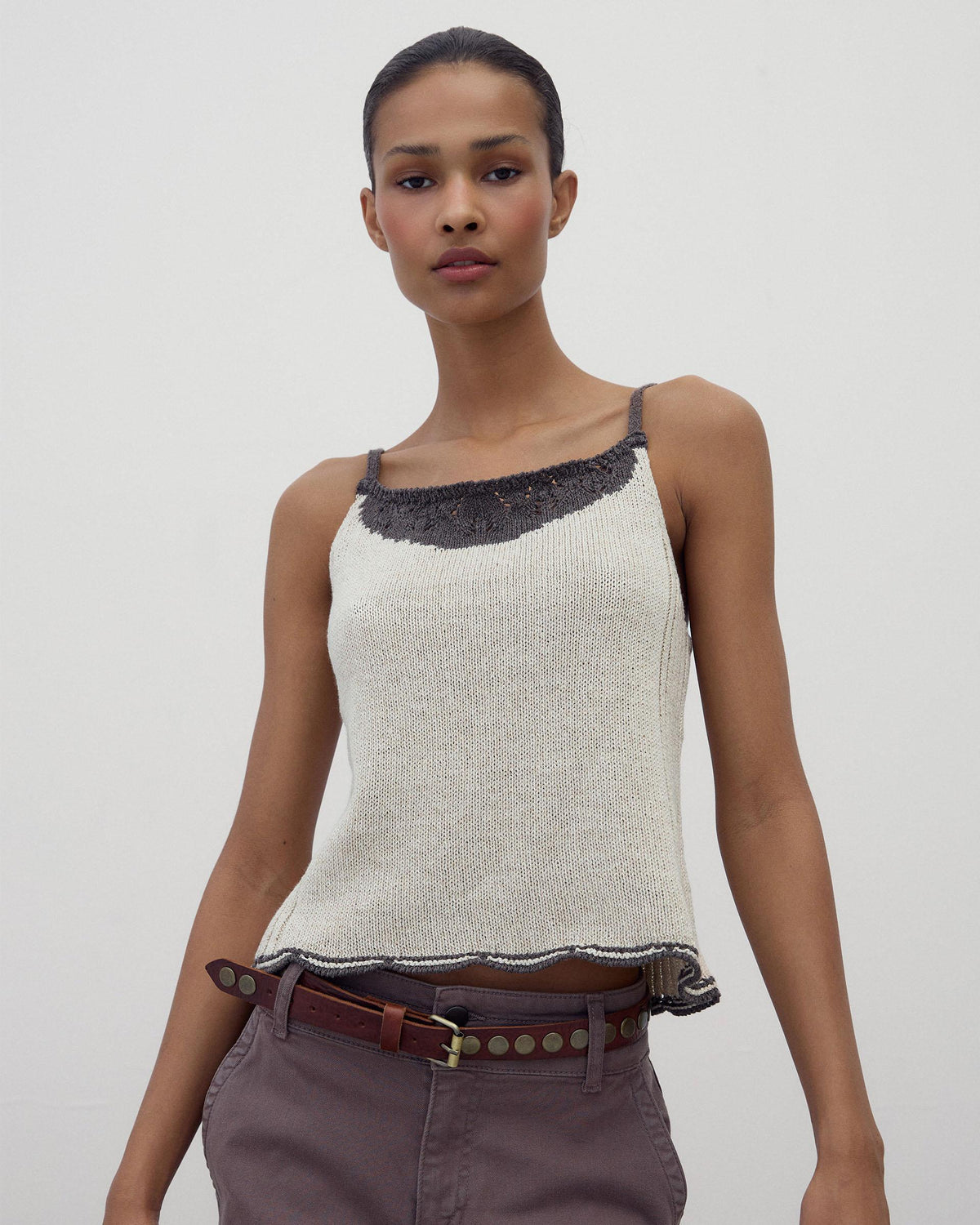 Beige Contrast Cut-Out Knit Strappy Top