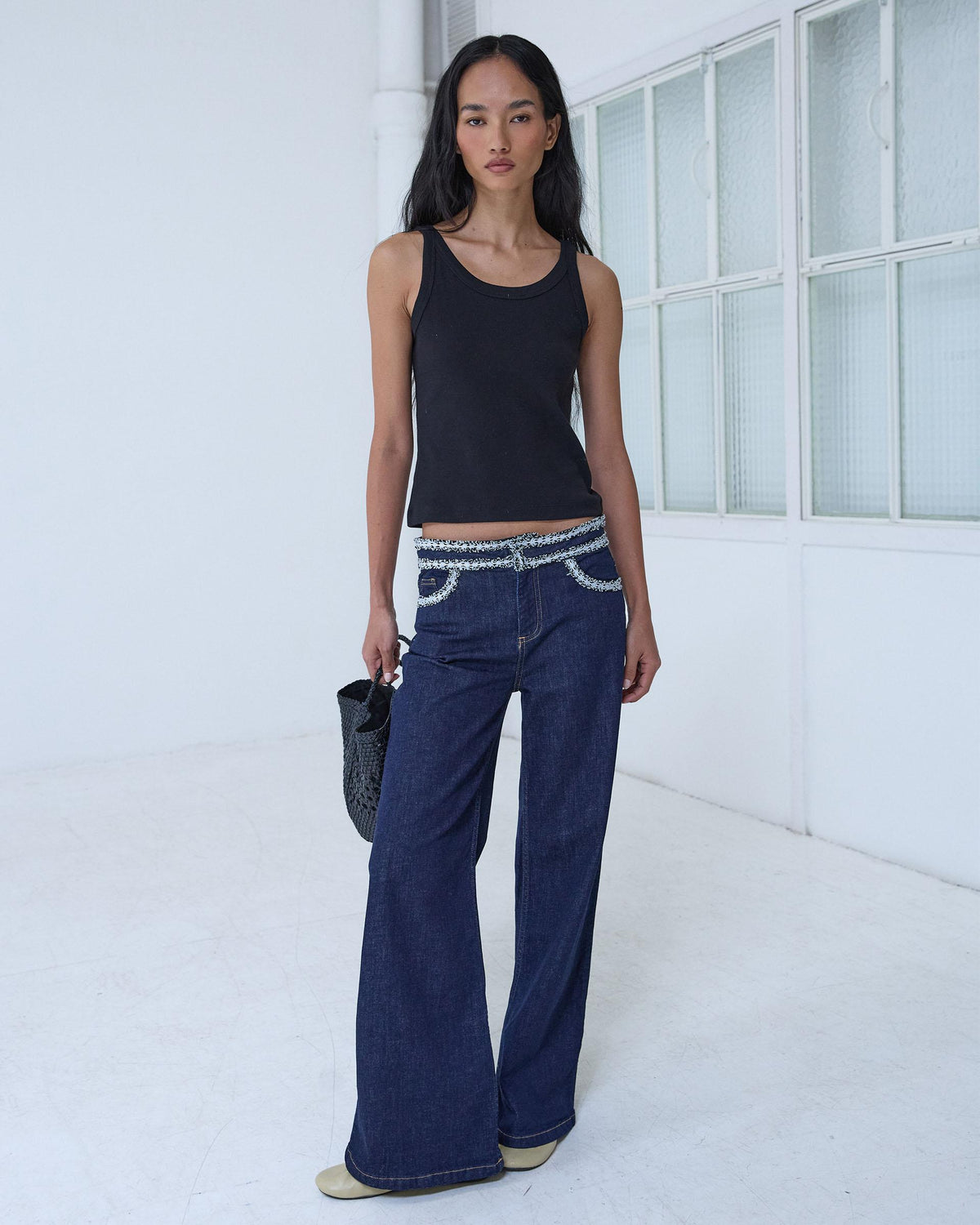 Dark Blue Waistband Detail Jeans
