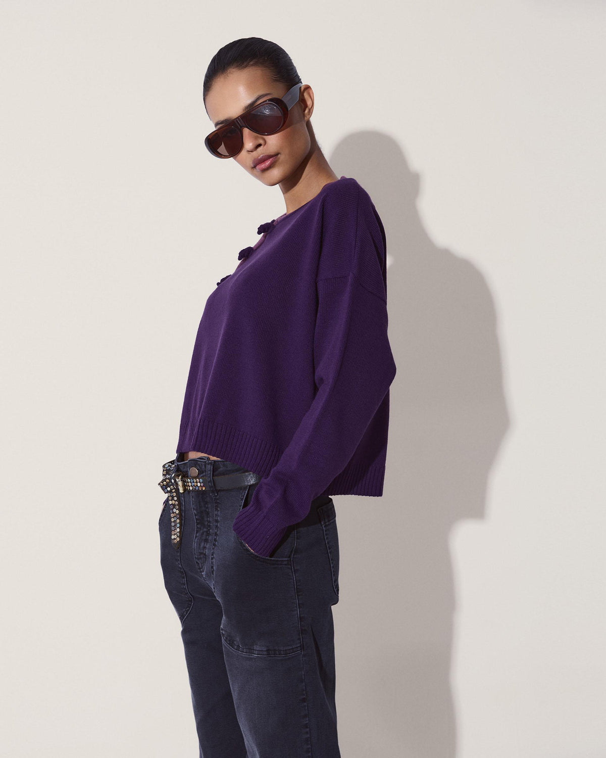 Side Button Contrast Trim Jumper Purple