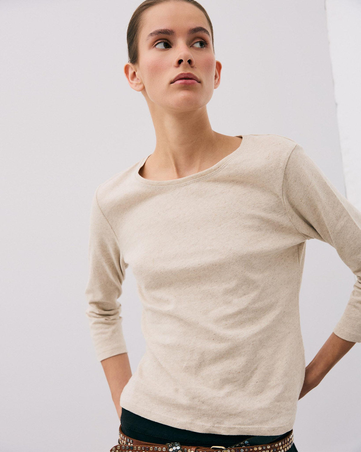 Camiseta Básica Manga Francesa Beige