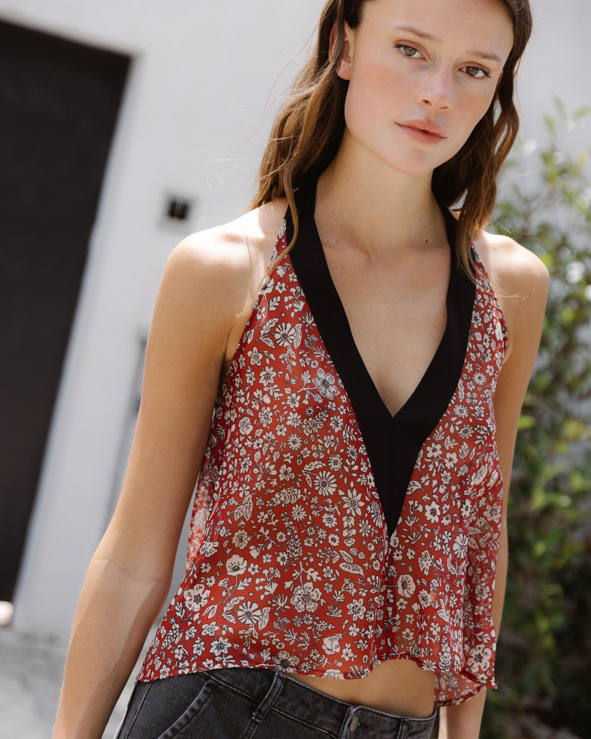 Red Floral Halter Top with Contrast Trim