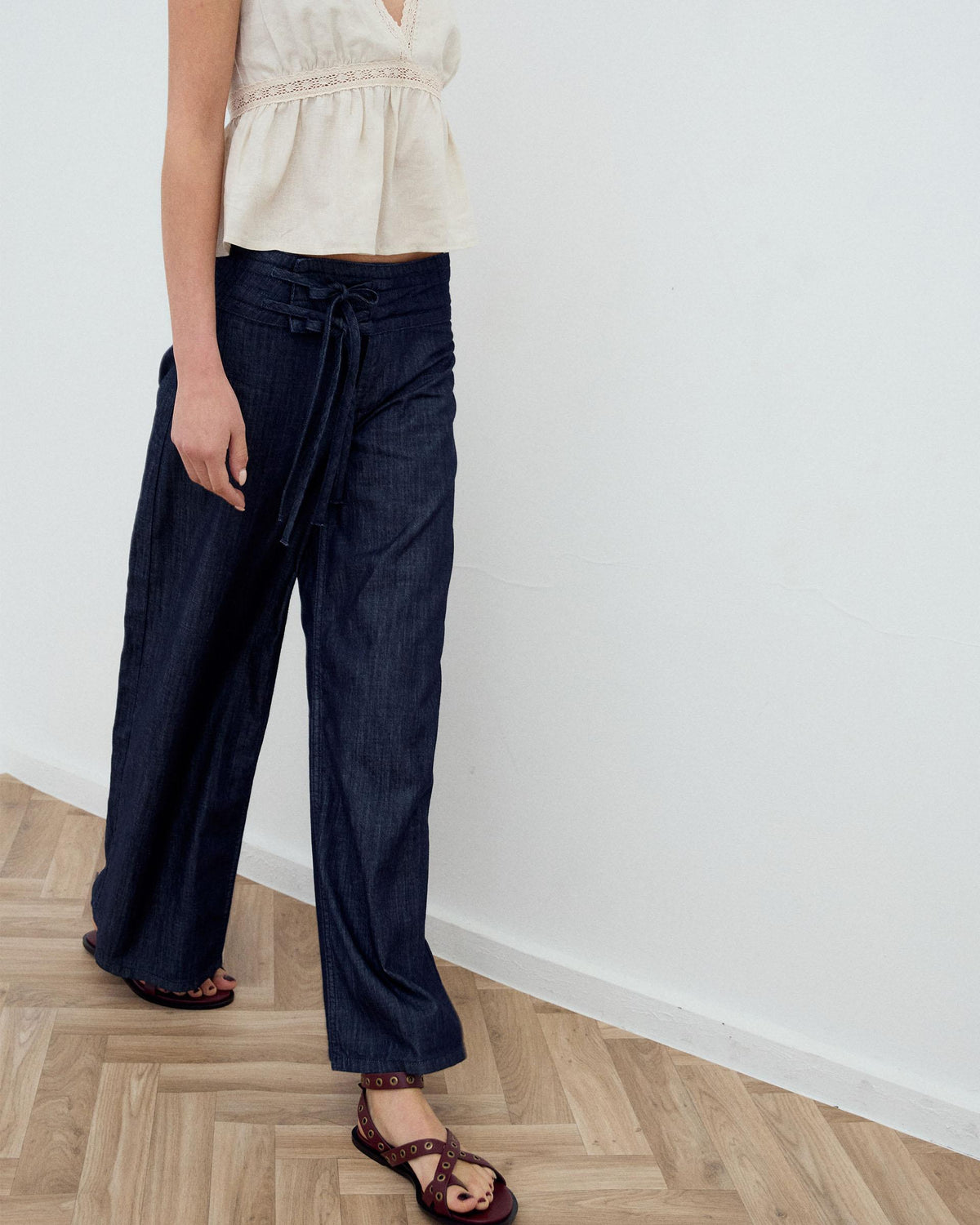 Dark Blue Triple Waistband Tie-Side Jeans
