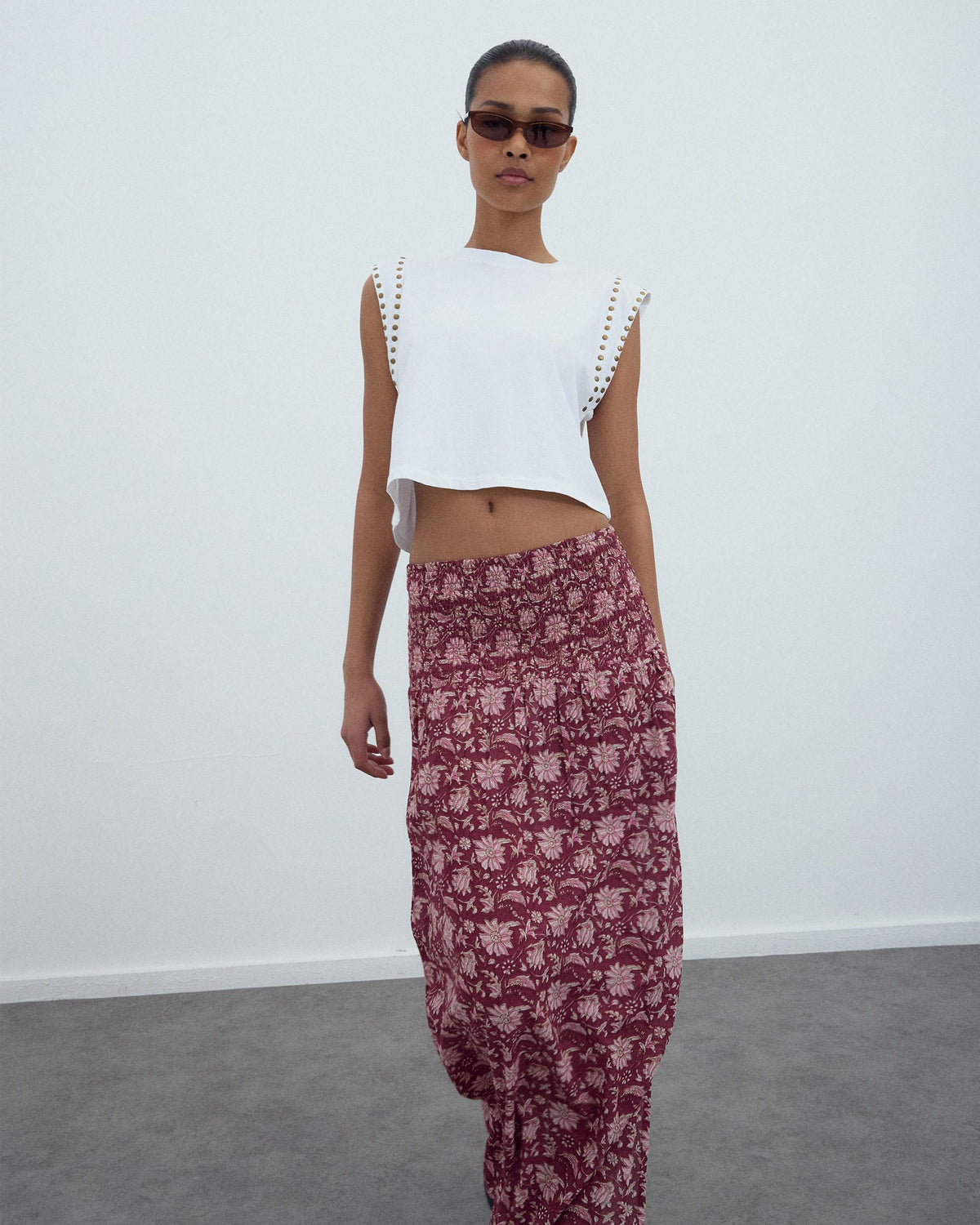 White T-Shirt with Studded Sleeves