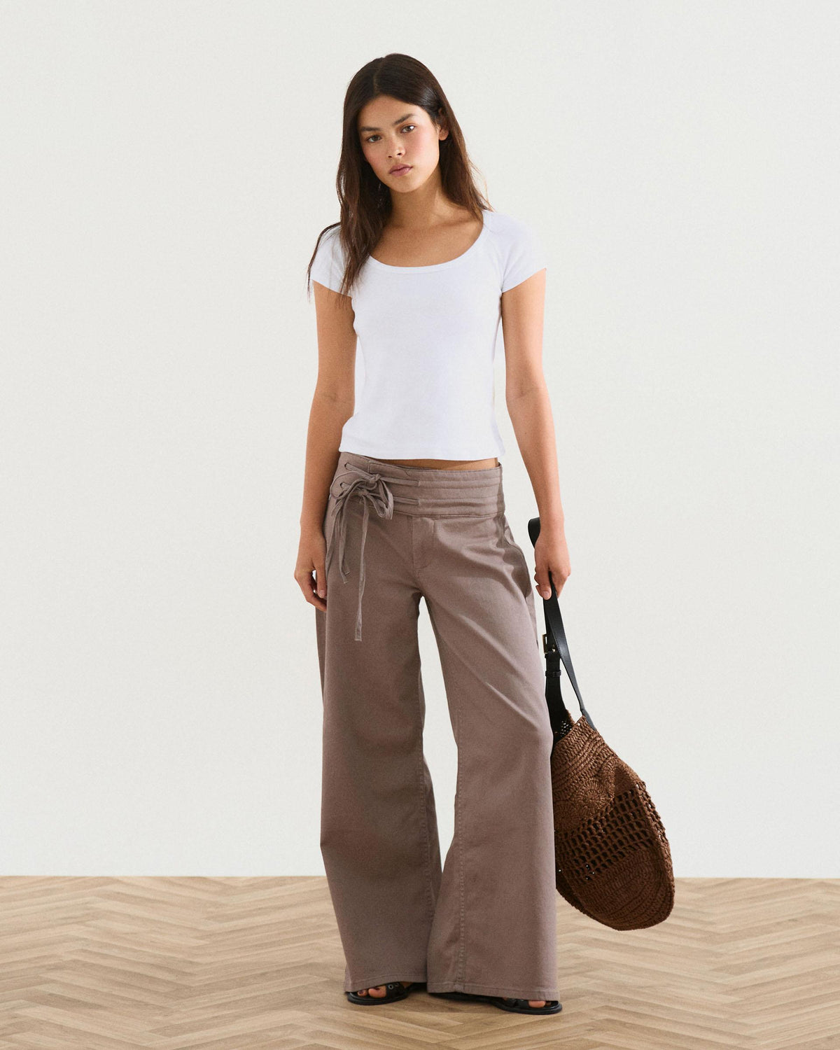 Taupe Triple Waistband Tie-Side Jeans