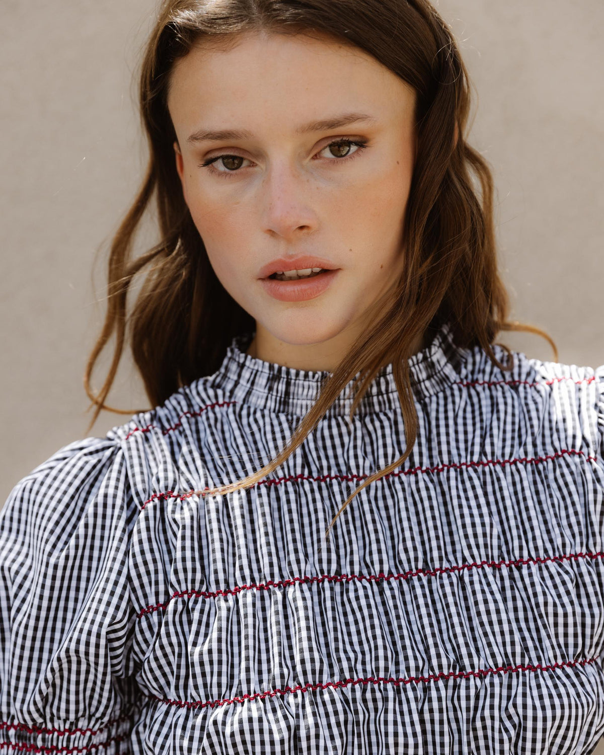Black Gingham Shirred Blouse