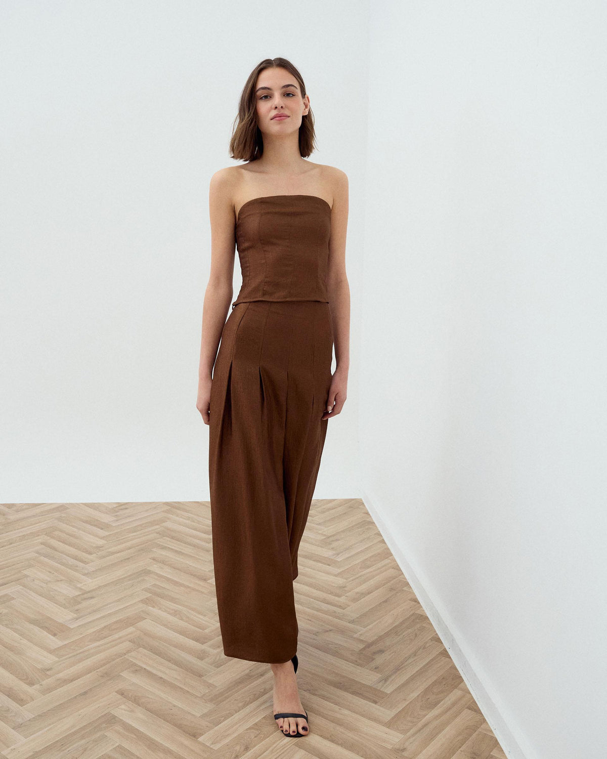 Brown Strapless Top with Seam Detail