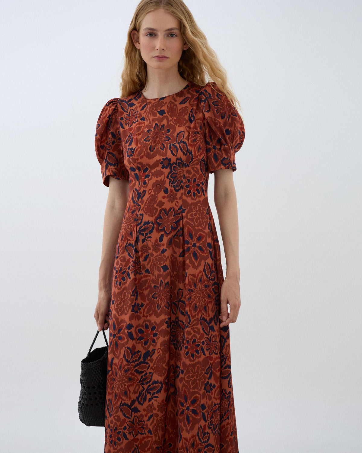 Vestido Manga Abullonada Estampado Floral Naranja