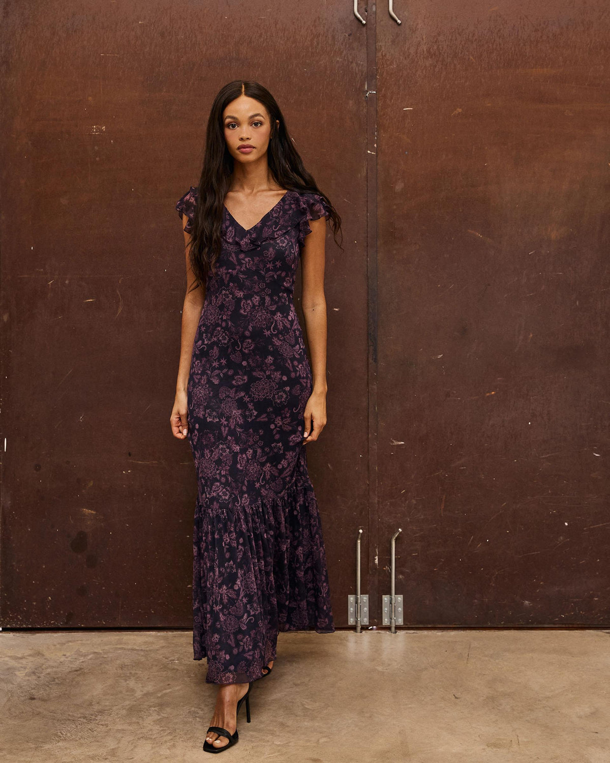 Purple Floral Print Ruffled Dress