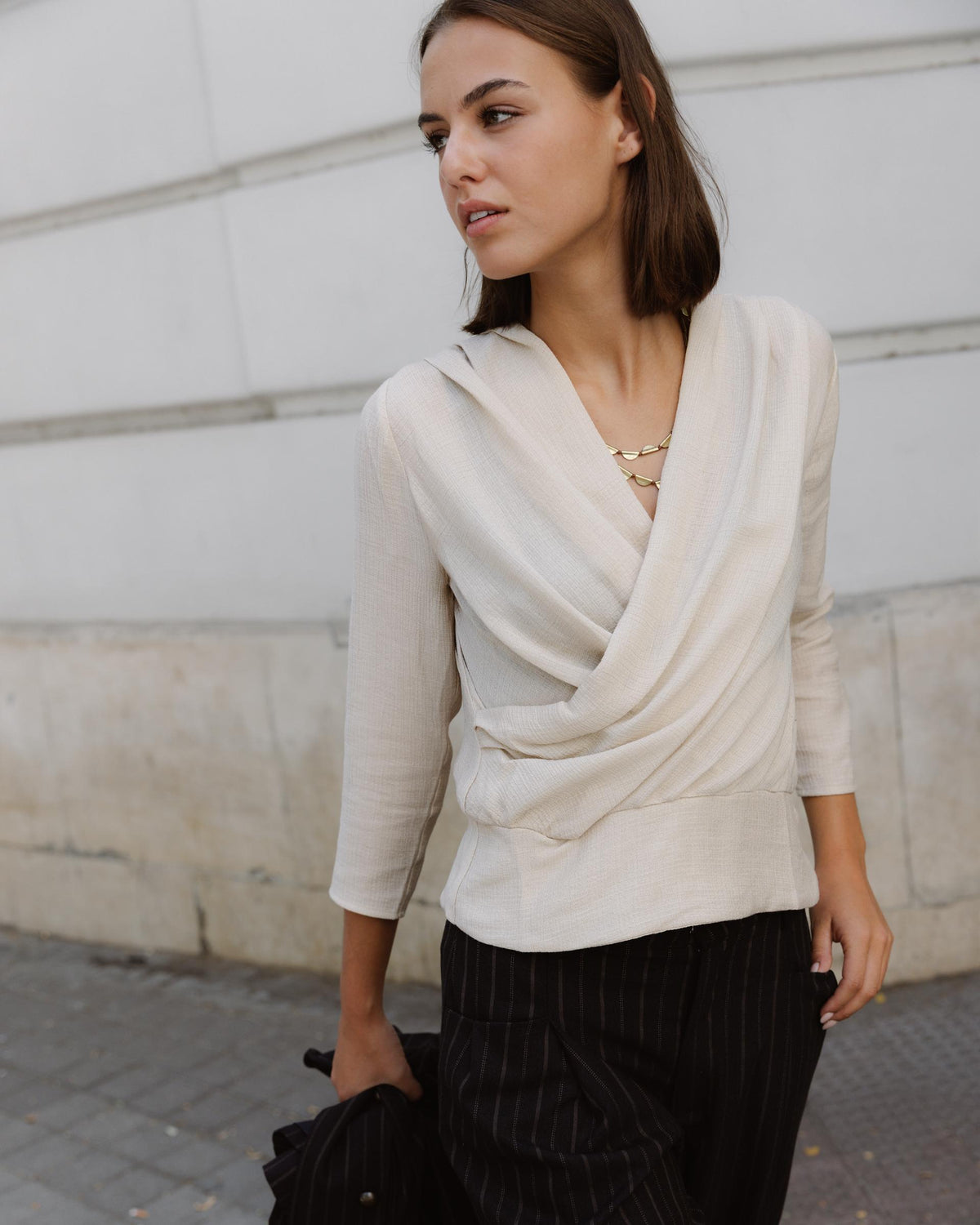 Ecru Draped Blouse with Side Buttons