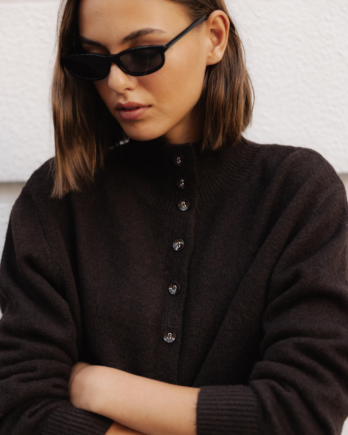 Chaqueta Cuello Alto Botones Marrón