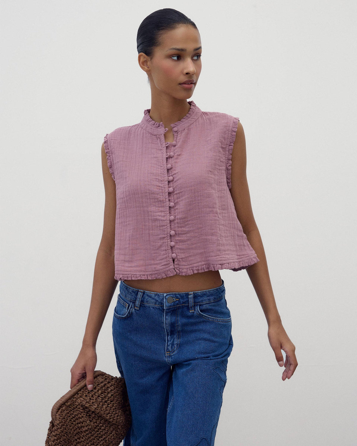 Top Botones Forrados Volante Rosa