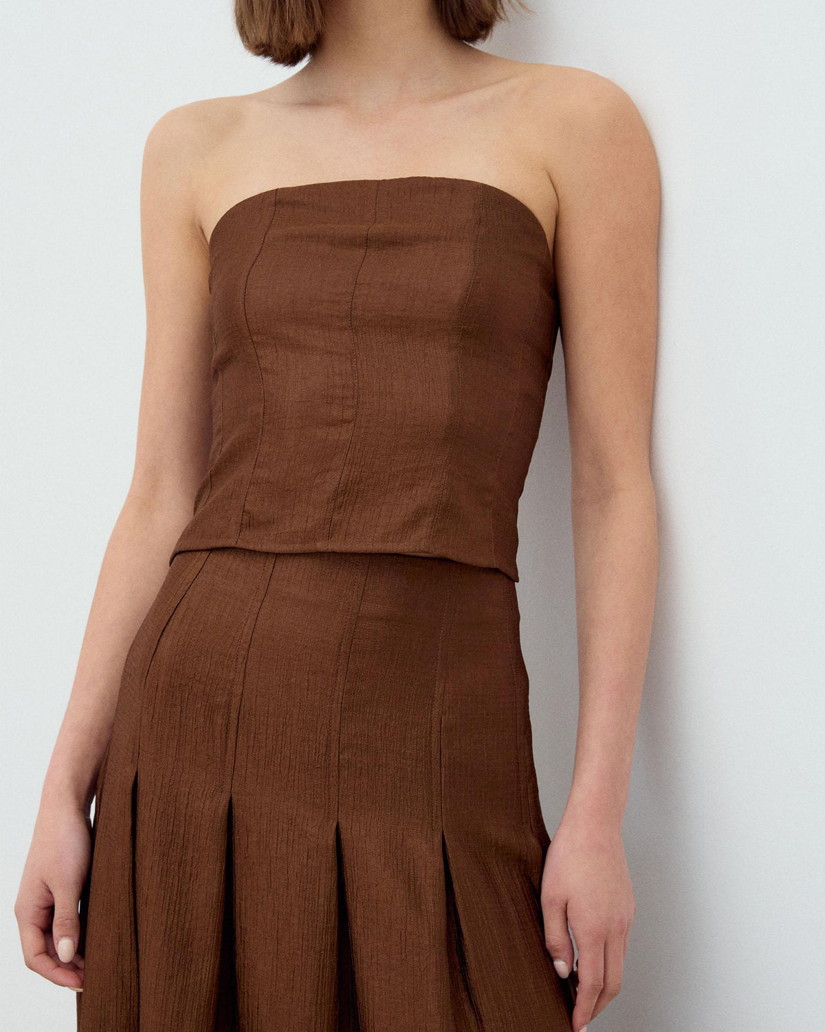 Brown Strapless Top with Seam Detail