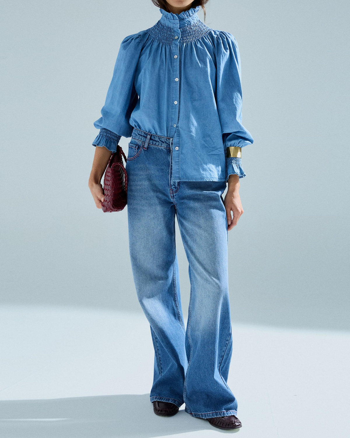Jeans Anchos Contraste Costura Azul Jeans