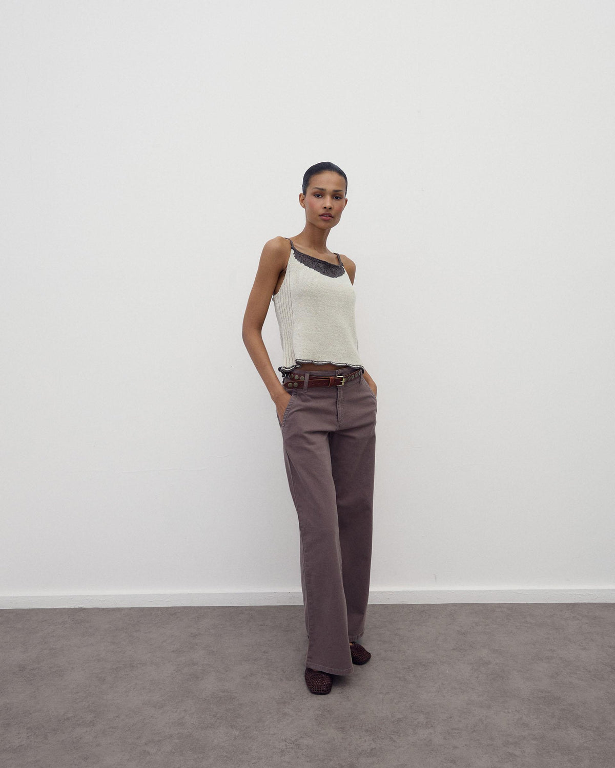 Beige Contrast Cut-Out Knit Strappy Top