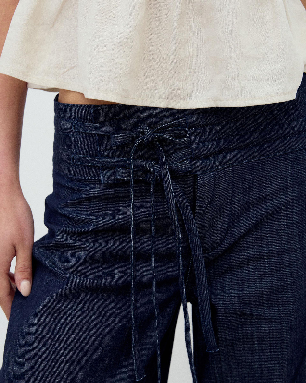Dark Blue Triple Waistband Tie-Side Jeans