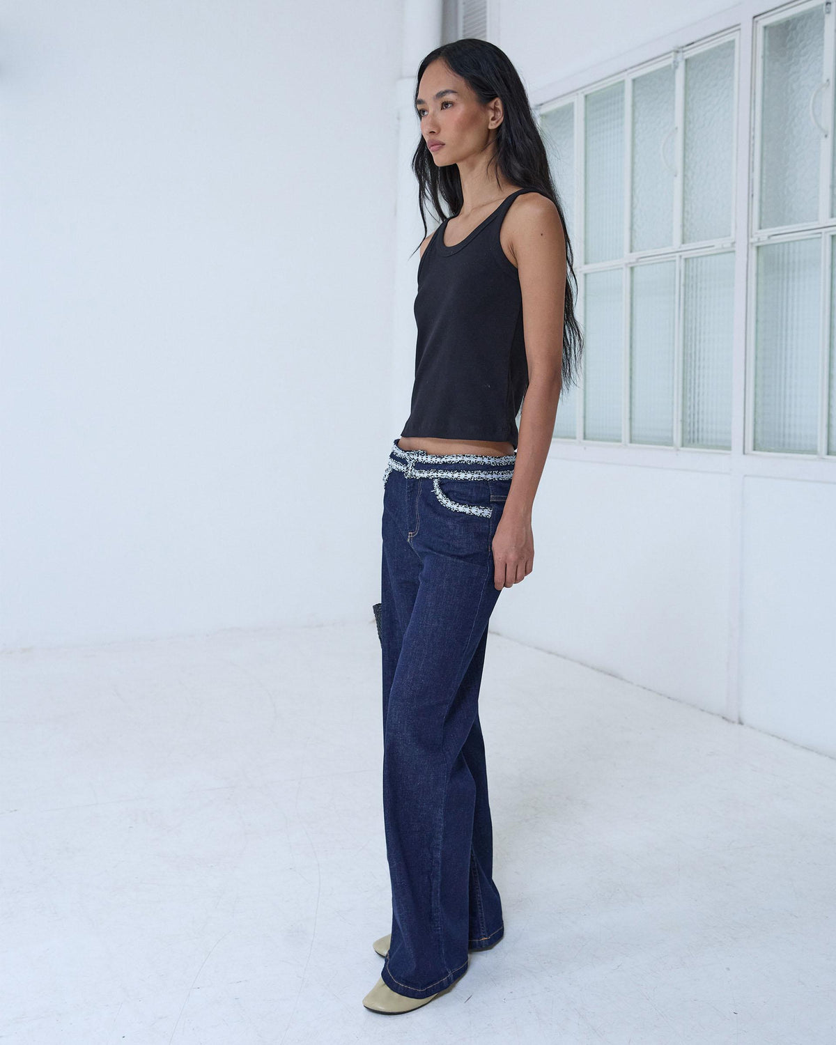 Dark Blue Waistband Detail Jeans