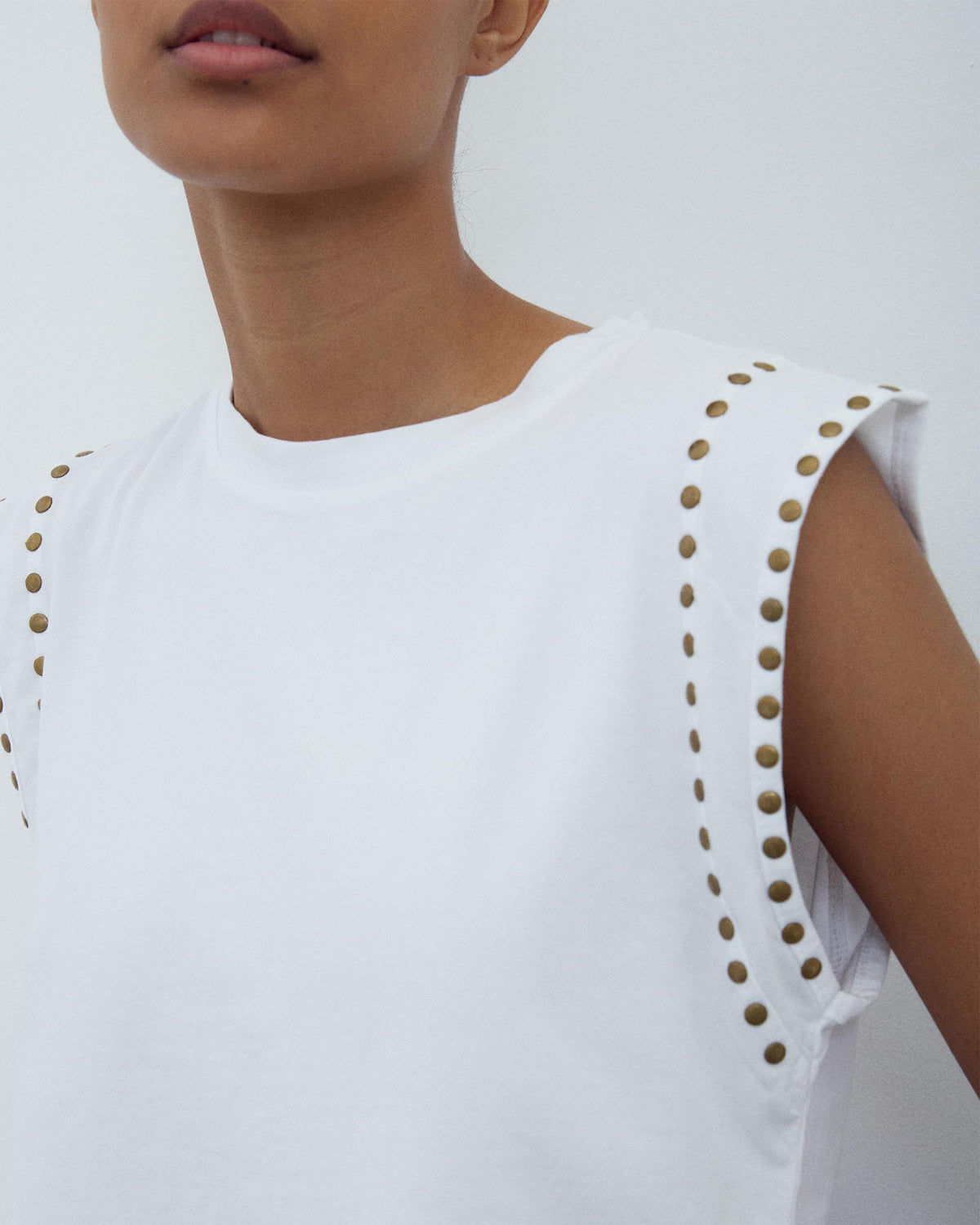 White T-Shirt with Studded Sleeves