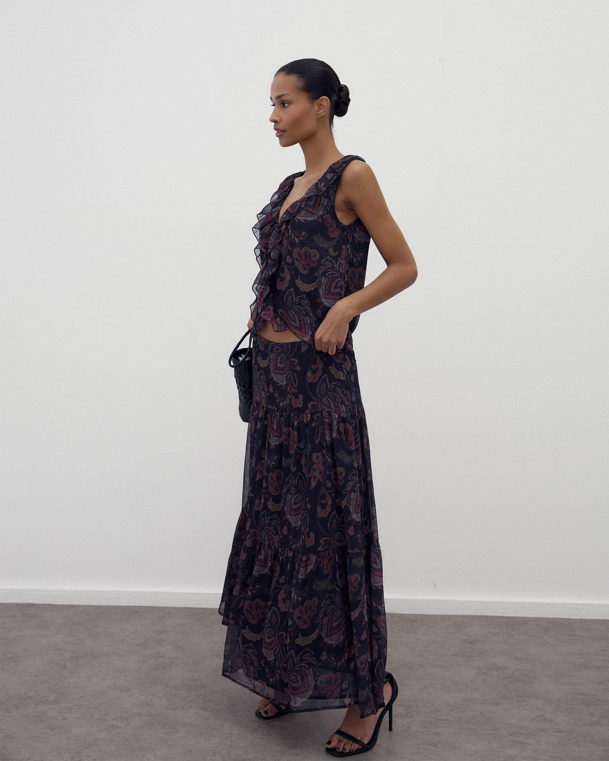 Black Printed Sleeveless Top with Ruffle and Ties