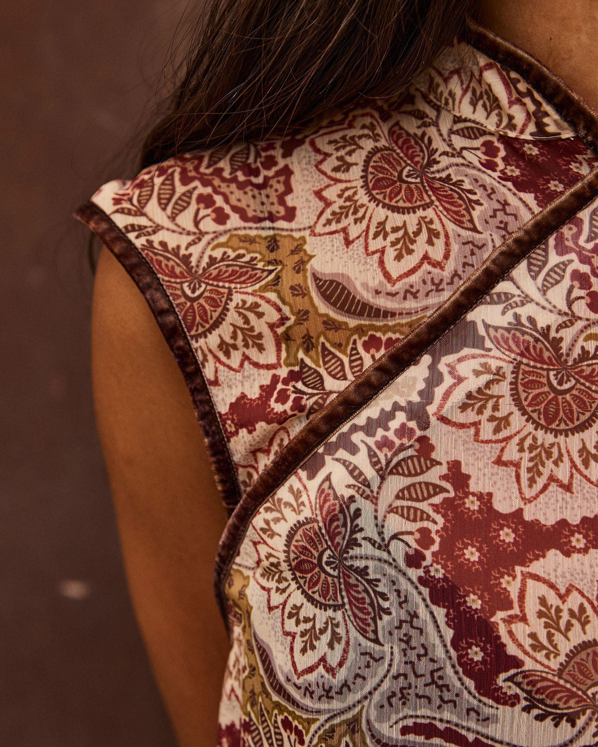 Brown Floral Print Velvet Trim Top