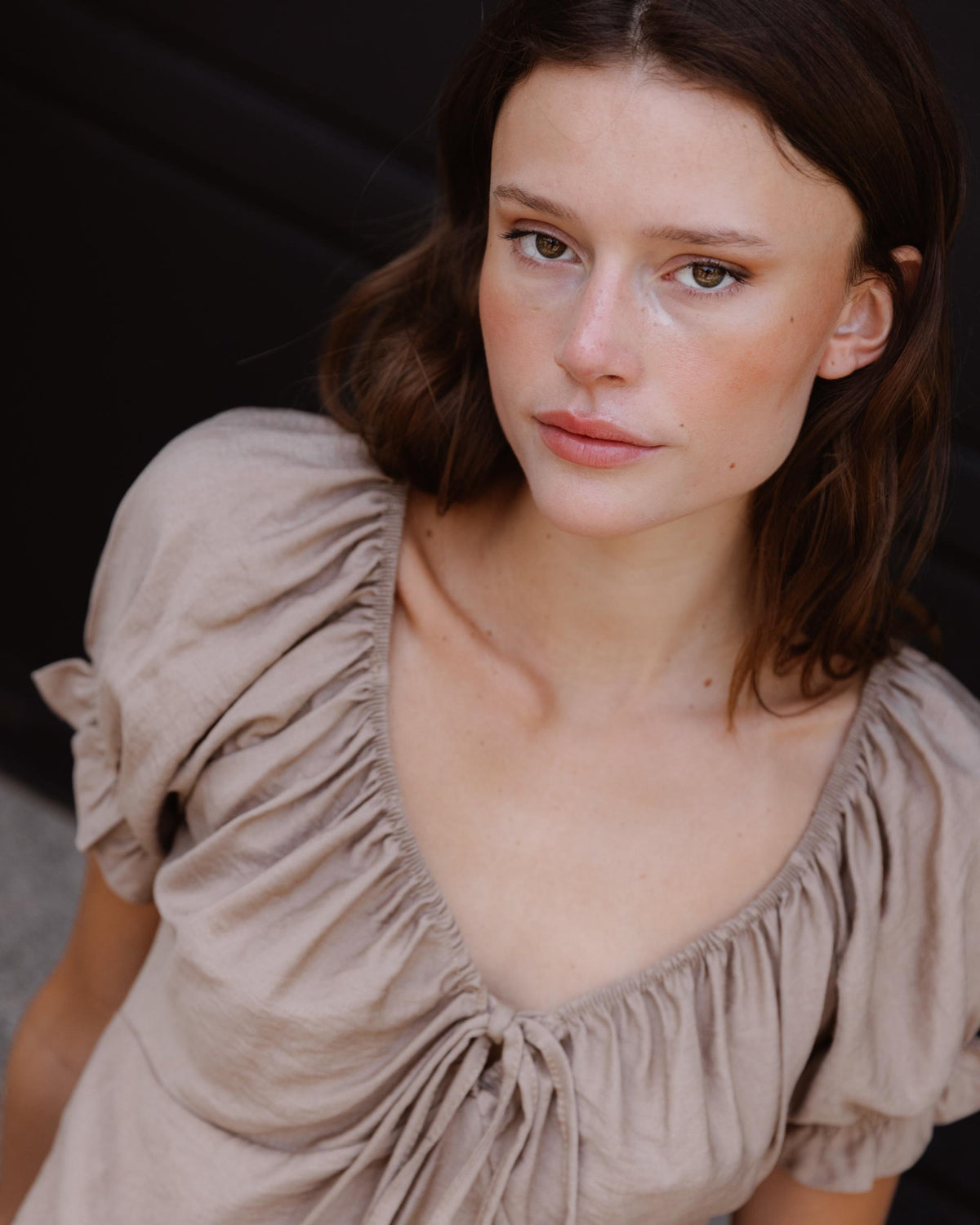 Taupe Short-Sleeve Tie-Front Blouse