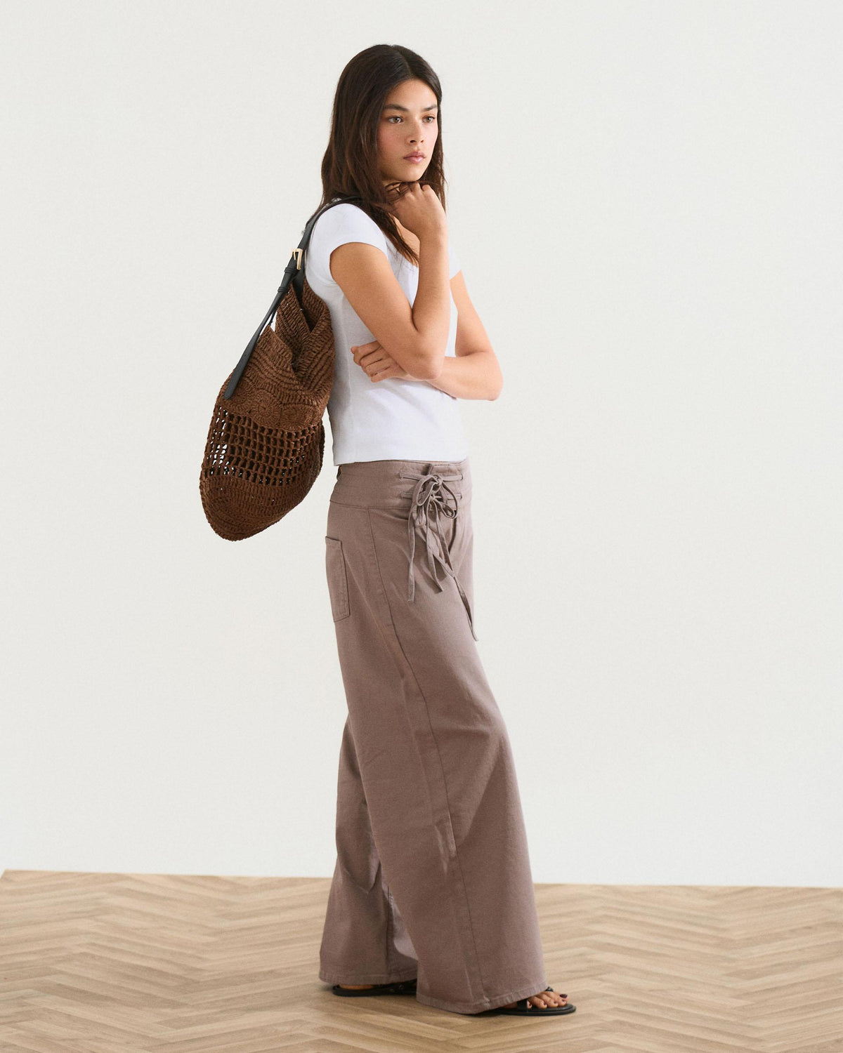 Taupe Triple Waistband Tie-Side Jeans